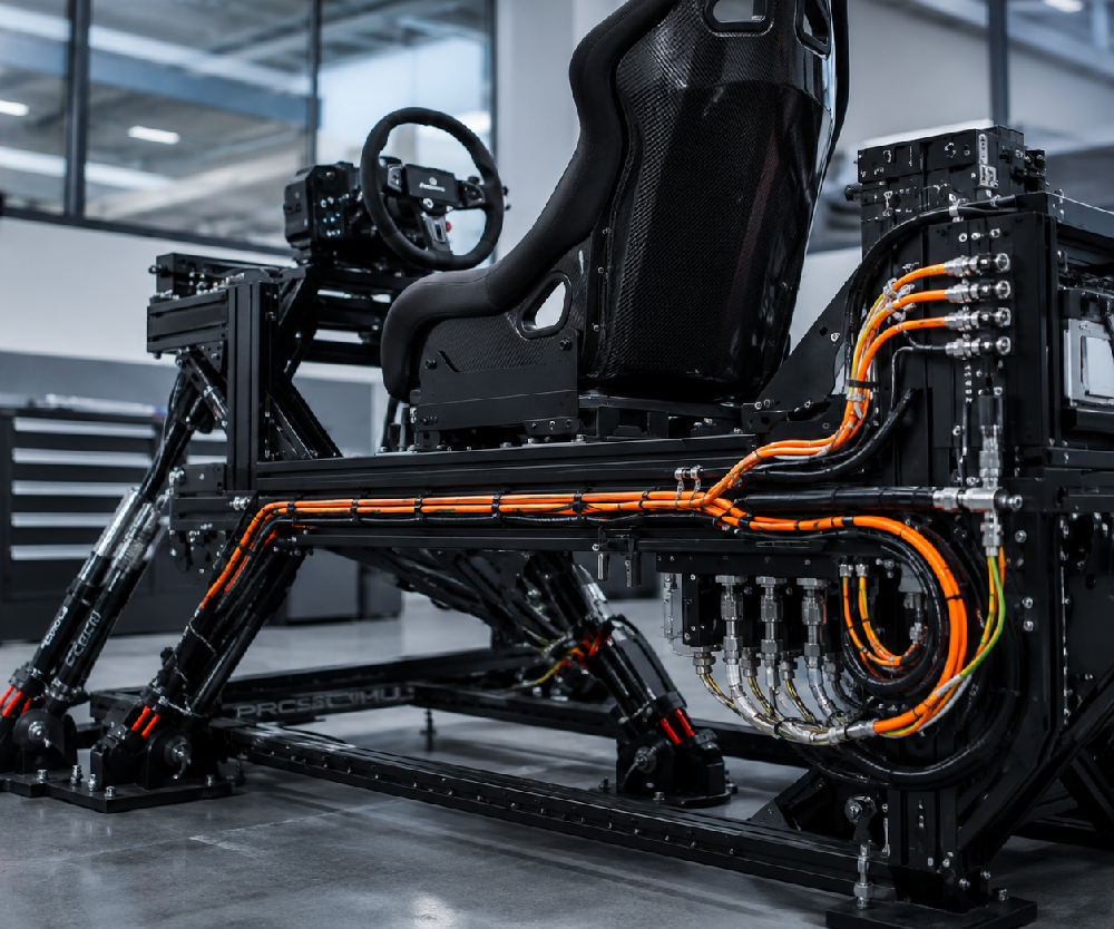 Close-up of a Prosimu motion simulator with cable and connection detail